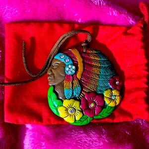 BRAND NEW HAND MADE CLAY INDIAN PENDANT WITH COLORED FLOWERS